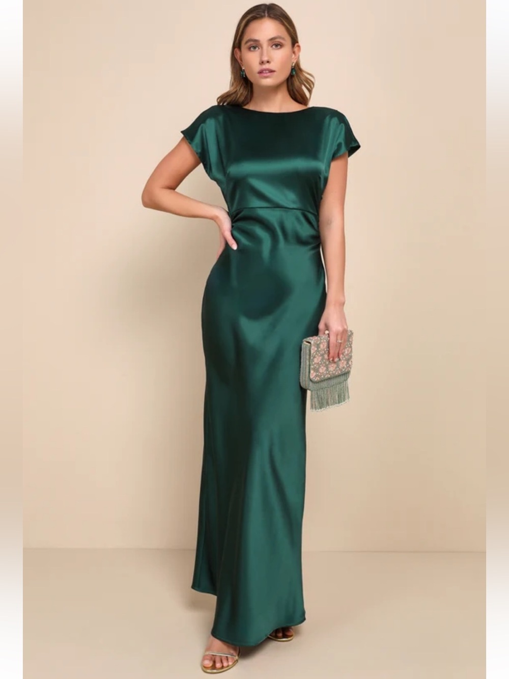 NWT Lulus Captivating Presence Forest Green Satin Cowl Back Maxi Dress